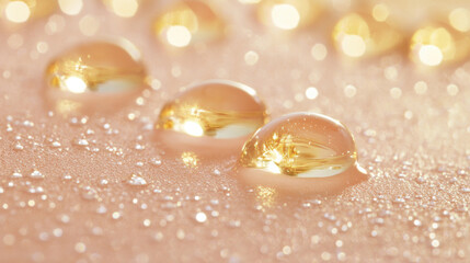 Close up of golden serum droplets on soft surface, reflecting light beautifully. shimmering droplets create luxurious and calming atmosphere, perfect for skincare