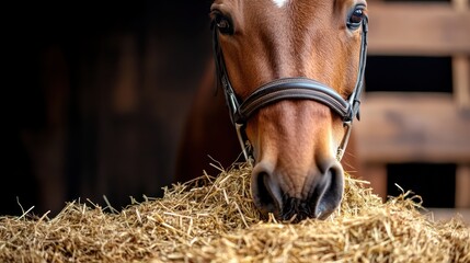 A captivating portrait of a horse surrounded by straw highlights its expressive eyes and charming demeanor, inviting admiration for the beauty and deep connection shared with these noble creatures.