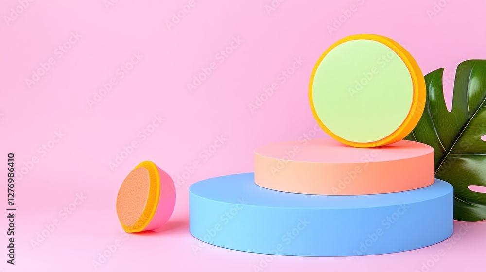 Poster Abstract Display colorful podiums against a soft backdrop with a tropical plant. Possible promotion use