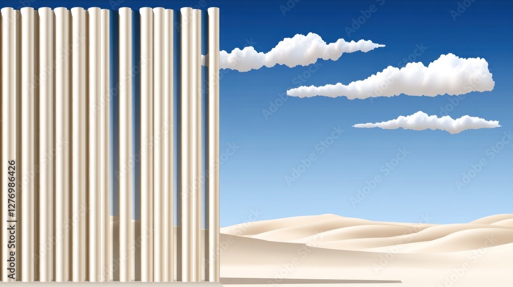Poster abstract dunes scene, columns create illusion. conceptual backdrop