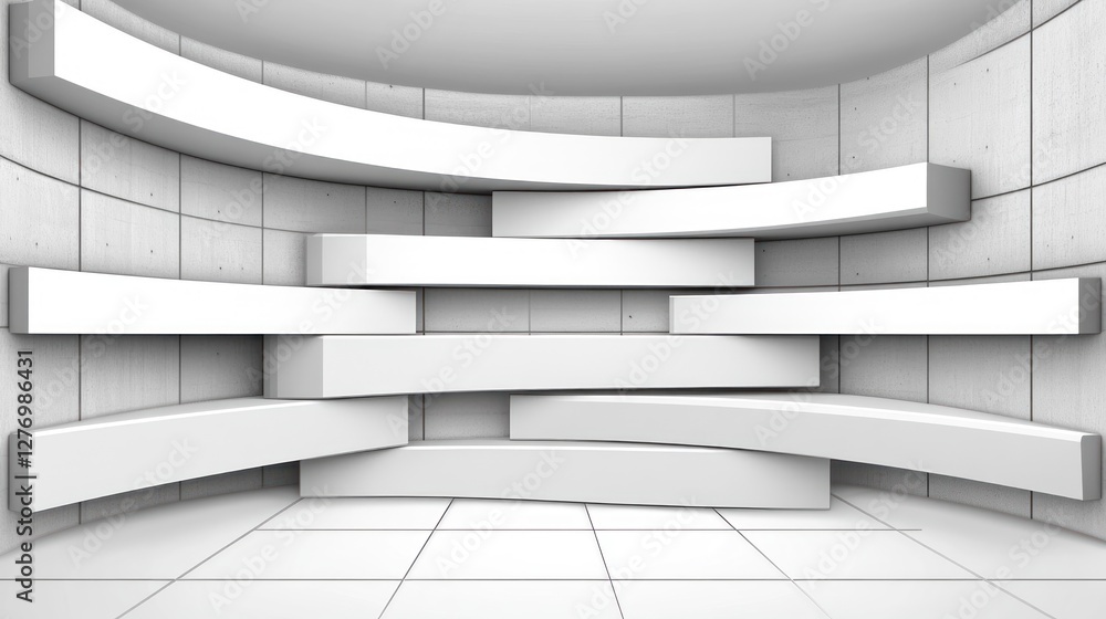 Aufkleber abstract display white shelves in front of a concrete wall in an empty room for presentation