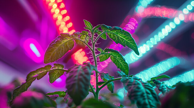futuristic gene edited tomato plant thriving under UV grow lights in an advanced indoor hydroponic farming system using LED technology for efficient and sustainable urban agriculture
