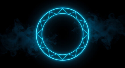 Glowing blue neon circle with geometric pattern on dark background. Futuristic ring design with angular segments. Modern tech style digital portal effect for gaming, sci-fi, or cyberpunk themes