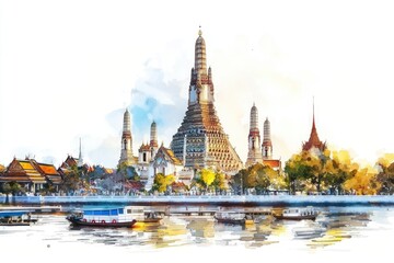 Naklejka premium Wat Arun in Thailand architecture illustration watercolor.