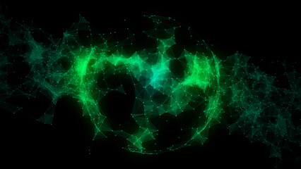 Abstract green sphere with connecting dots and lines. Network concept. Wireframe technology sphere. Big data visualization. 3d rendering.