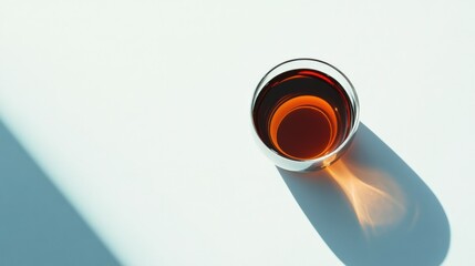 A close-up view of a glass filled with dark liquid casting a shadow on a white surface