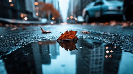 A collection of autumn leaves rests in a puddle on a city street, mirroring the surrounding environment with a touch of nature's beauty amid urban chaos and reflections.