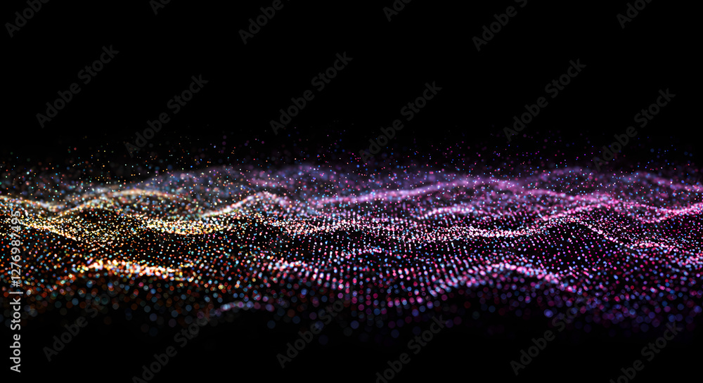 Poster flowing digital wave of glowing purple and gold particles on black background. abstract tech visuali