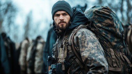 A bearded man dressed in camouflage stands outdoors, embodying strength and perseverance, with a tactical backpack slung over his shoulder in a natural landscape.
