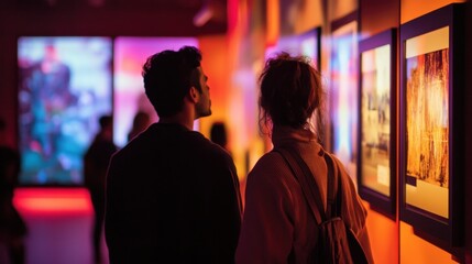 Visitors admire vibrant art installations in a modern gallery during a cultural evening event in an urban setting