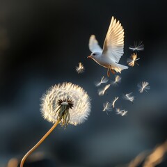 A delicate white bird taking flight as dandelion seeds scatter in the wind, symbolizing freedom, hope, and new beginnings.