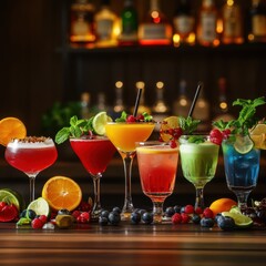 A variety of colorful cocktails with fresh fruit garnishes and ice, elegantly arranged on a bar counter with a blurred background.