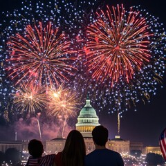 A family watches a stunning fireworks display over the U.S. Capitol at night, celebrating a patriotic event or national holiday.