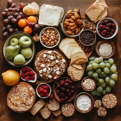 A variety of healthy snacks, including fruits, nuts, crackers, and cheese, beautifully arranged on a rustic wooden table.