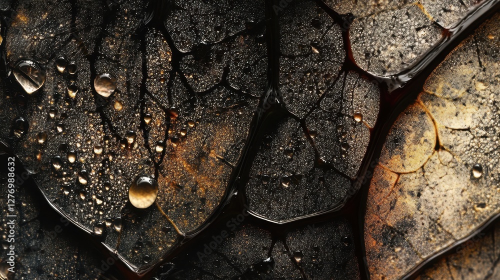 Aufkleber close-up of textured surface with droplets reflecting light in natural tones showcasing nature's int
