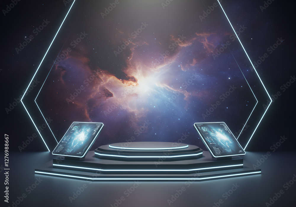Aufkleber futuristic sci-fi podium with glowing neon frame against cosmic nebula background. digital stage wit