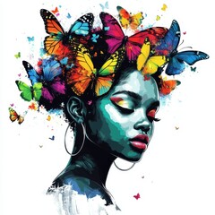 Vibrant artistic portrait of a woman with colorful butterflies adorning her hair, symbolizing beauty, transformation, and creativity.
