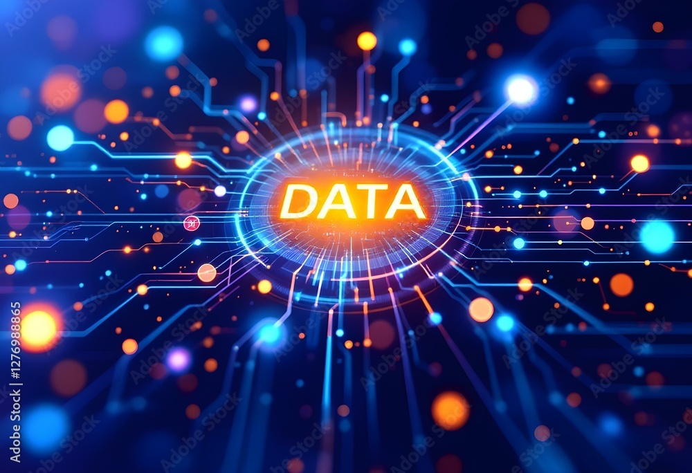 Poster glowing data word in center of digital network. blue and orange technology background with light ray