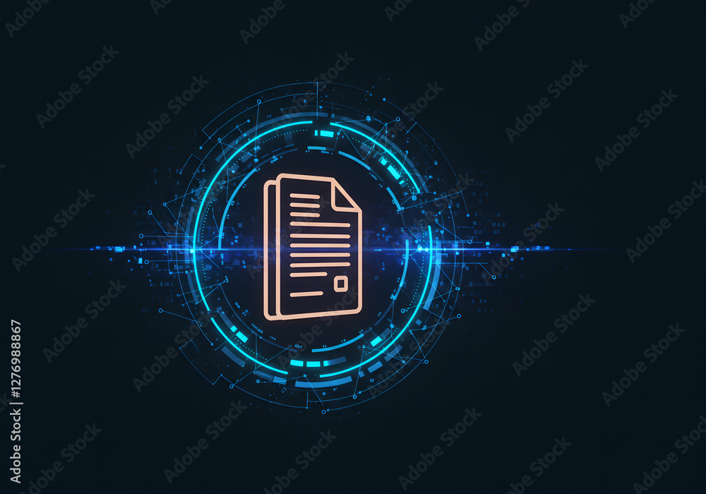 Poster digital document icon with glowing blue tech circle effect on dark background. futuristic data file 