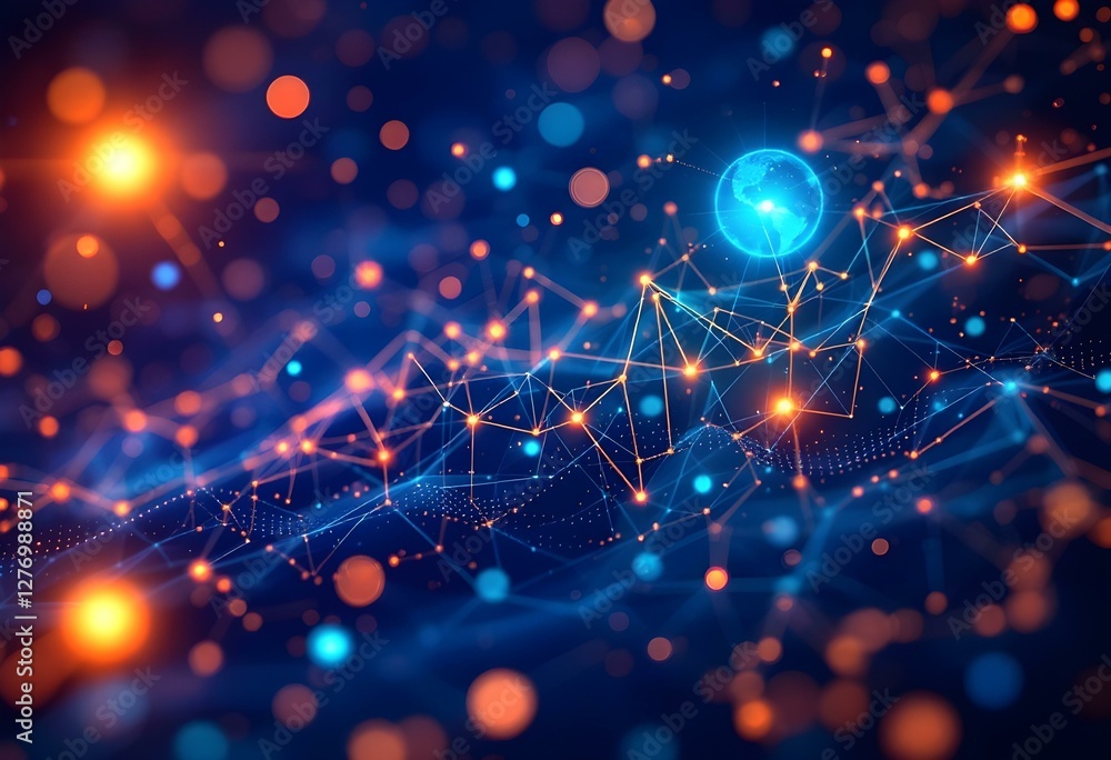 Poster digital network connections with blue and orange glowing particles. abstract technology background w