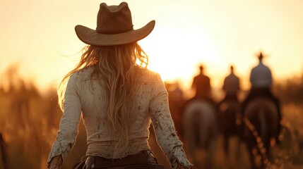 A breathtaking view of a cowgirl riding into a sunset highlights the vast western landscape, capturing the essence of adventure and the beauty of nature.
