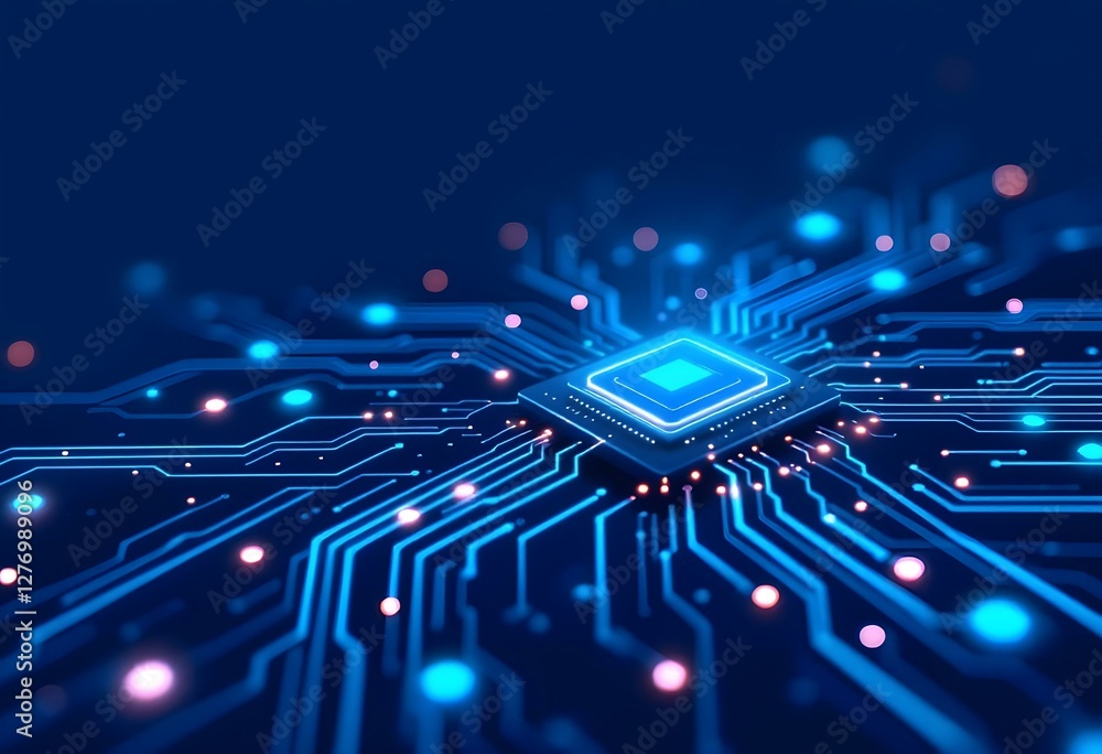 Poster blue glowing computer chip on circuit board background. digital technology concept with microprocess