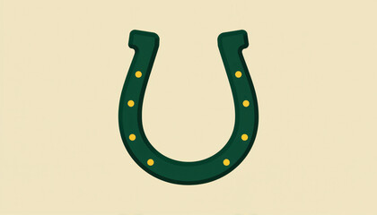 Simple lucky horseshoe icon in green with gold nails on beige background copy space