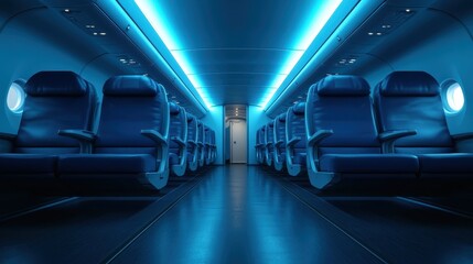 This image captures a modern airplane cabin with soft blue lighting and spacious seating, creating an inviting atmosphere for travelers.