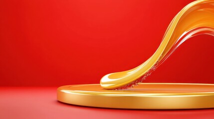 Abstract gold liquid splash on red background for product showcase