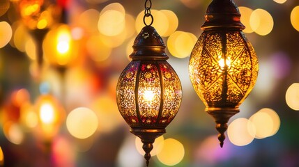 Decorative Lanterns with Warm Glow and Colorful Background