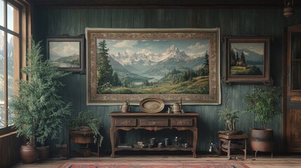 Rustic room featuring nature tapestry and vintage furniture with indoor plants