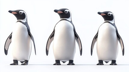 Fototapeta premium Three cute penguins standing in a row on white background in bright light