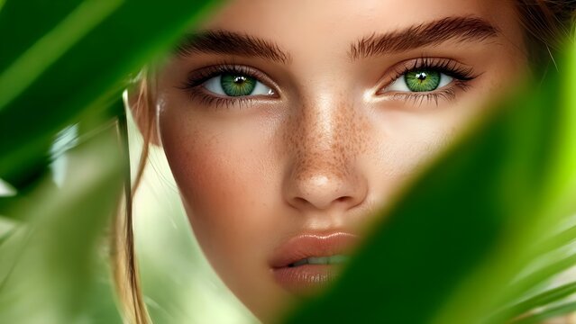 A close-up of a person's face framed by green leaves, highlighting striking green eyes and natural beauty. Concept Close-Up Photography, Nature Framing, Green Eyes, Natural Beauty, Portrait Details