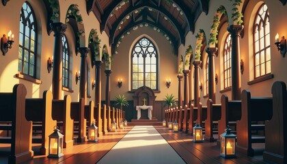 Fototapeta premium Rustic church interior glowing with lanterns, romantic wedding setting