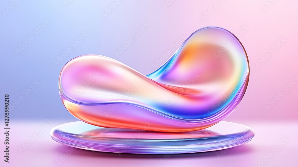 Poster abstract iridescent fluid shape on stand. surreal and colorful. art for website