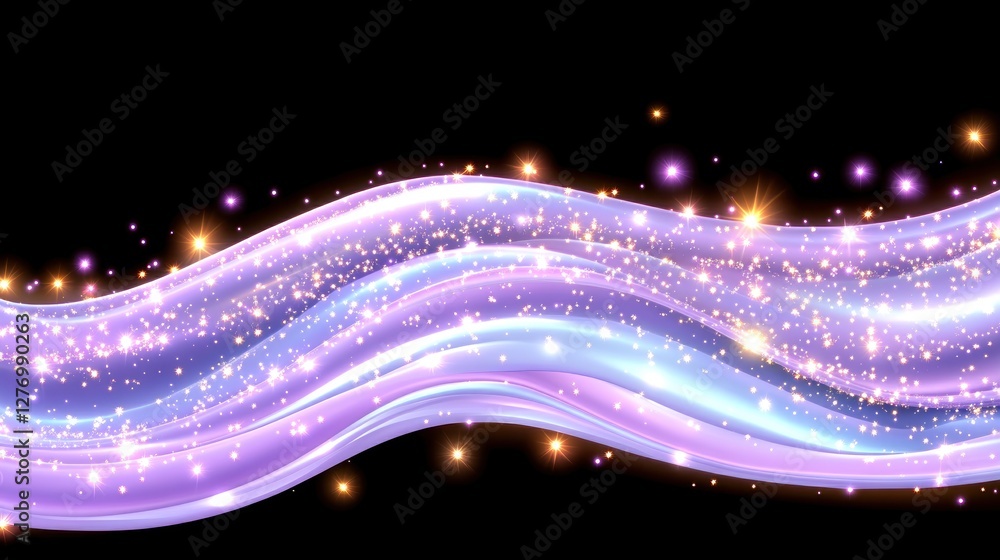 Poster abstract iridescent fluid wave flows with glowing particles over black for web design backgrounds