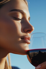 Woman Sipping Red Wine Against Blue Sky