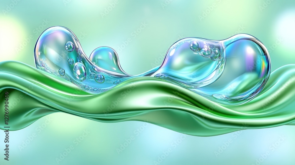 Poster abstract iridescent shapes on fabric liquid flow. bubbles and light. conceptual art background