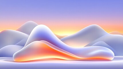 Abstract iridescent shape on hills in a surreal landscape for visual display backdrop
