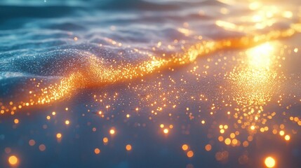 Golden glitter ocean waves at sunrise