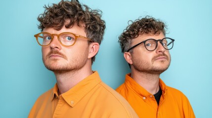 Two individuals with curly hair and glasses stand back-to-back against a bright cyan background, showcasing unity and style.