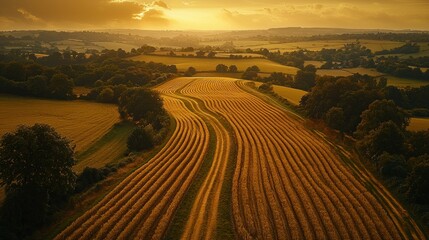 Fototapeta premium Golden fields, aerial view, sunrise, countryside