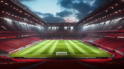 Illuminated red stadium with freshly mowed green field under dramatic cloudy sky at dusk