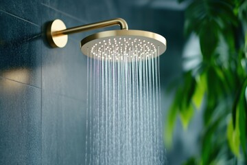 Luxurious rainfall showerhead mounted on a sleek black marble wall with cascading water in a spa-like atmosphere