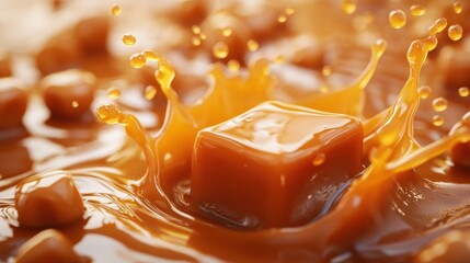 Caramel splash capturing cubes in creamy liquid explosion