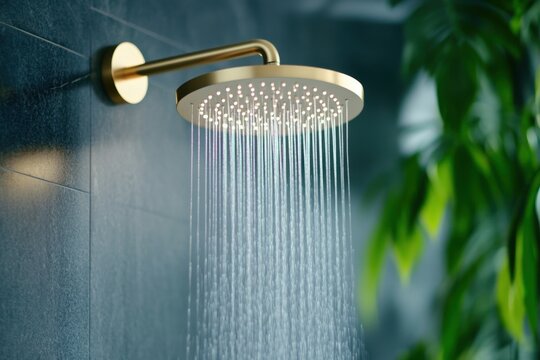 Luxurious rainfall showerhead mounted on a sleek black marble wall with cascading water in a spa-like atmosphere