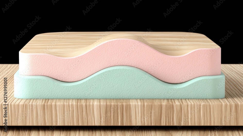 Poster abstract layers on a wooden surface for product display with black backdrop