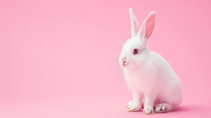 White rabbit pick up on a light pink background with copy space. Easter minimalistic concept with copy space.