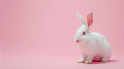 White rabbit pick up on a light pink background with copy space. Easter minimalistic concept with copy space.