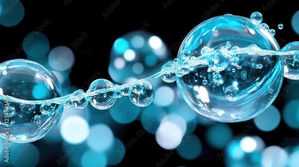 Poster abstract macro of clear bubbles suspended on a thread, illuminated over a dark, blurred background